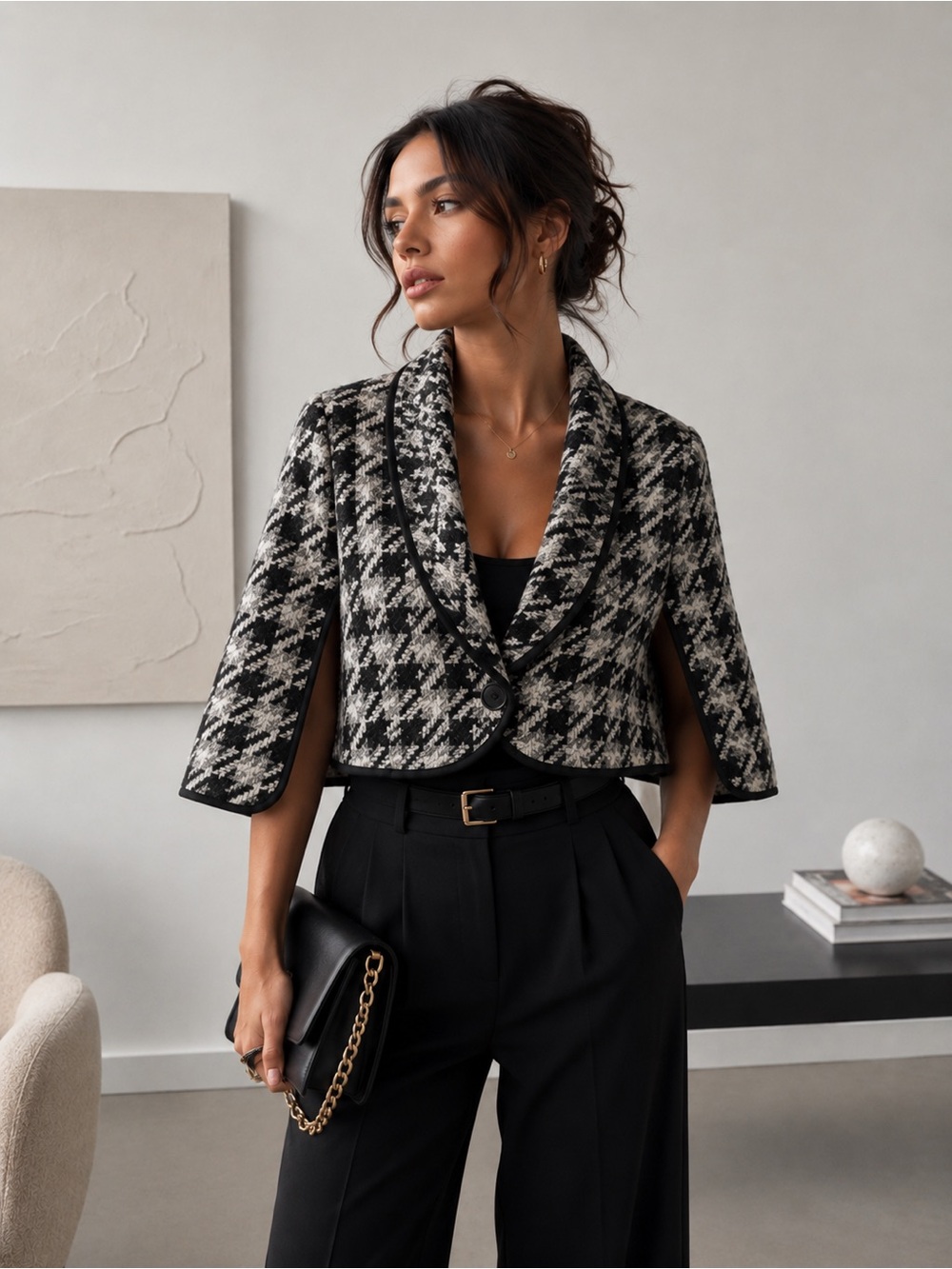 Vertigo Paris ($180) Houndstooth Cape Blazer Cropped Black White Vintage Chic